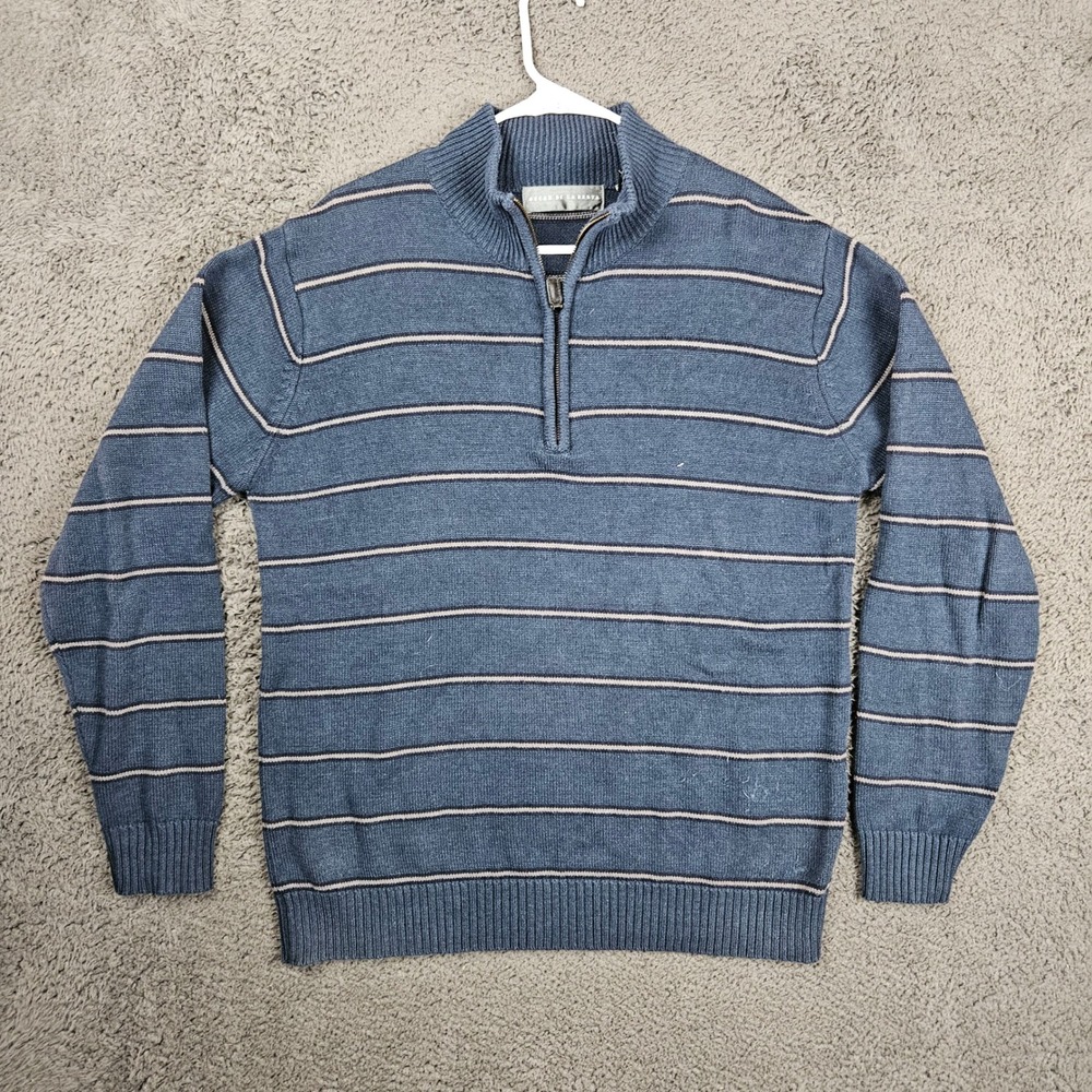 Oscar de la Renta Mens Blue Striped 1/4 Zip Pullover Sweater Size Large